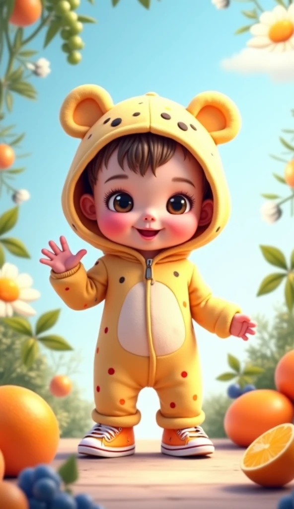3d cute baby character with animal costume happy running giraffe 

