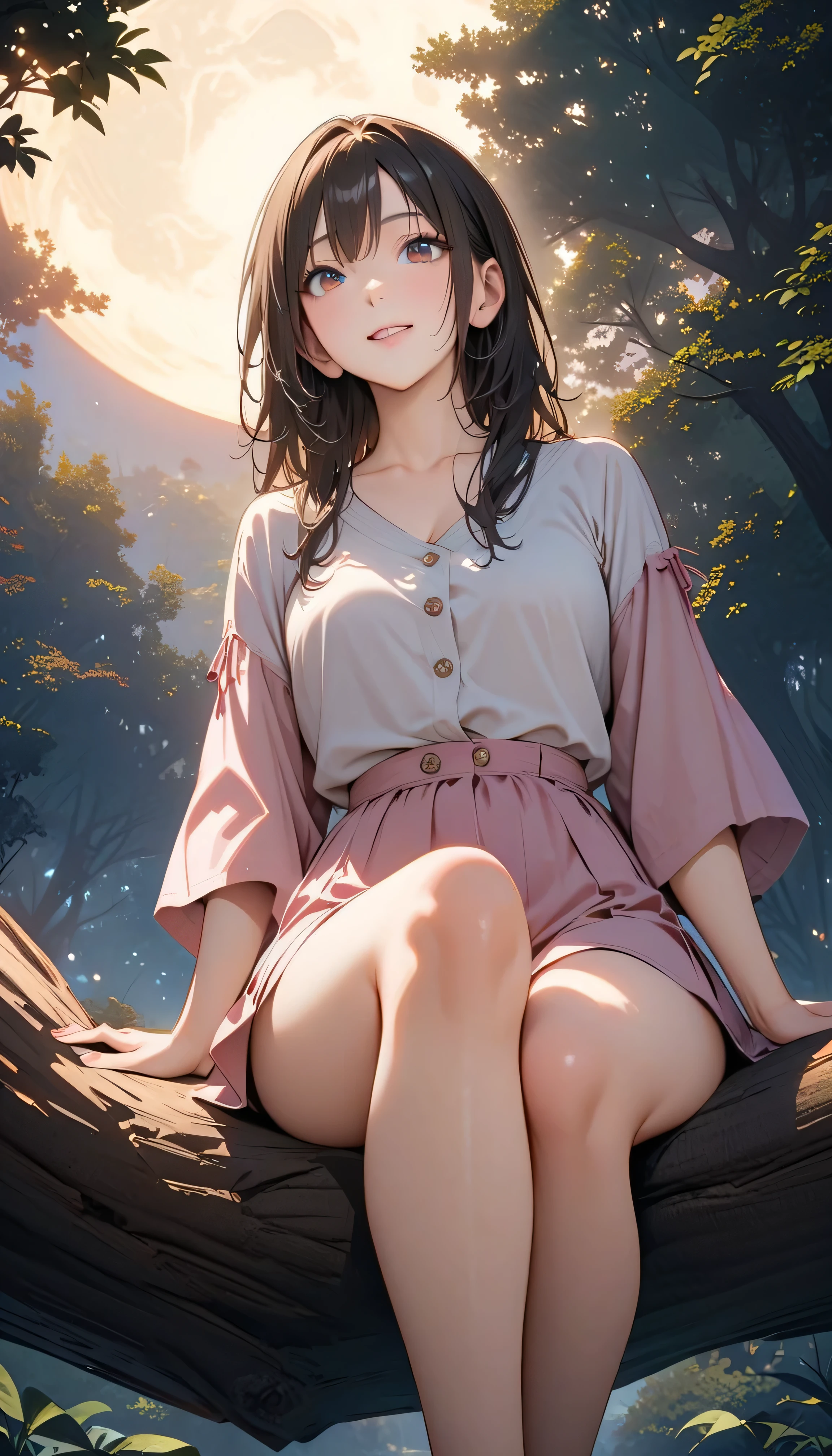 (best quality:1.2, 非常にdetailsな, newest, best quality, Best Aesthetics), 8K Ultra HD, 非常にdetailsな, details, Bold composition, (perfect human structure), beautiful and very delicate texture, delicate and dynamic, romantic and sweet style, concept art style, 非常に複雑なdetails, the contrast between light and dark is clear, Structured, fantastic night, light gradation , Vivid and gentle colors, An old tree, Fantastic starry sky, backlight, One nice girl, 非常にdetailsな目と顔, Dark Eyes, smooth skin texture , shiny skin, kind expression, Girl sitting on a tree branch, smiles, black hair, young, light clothing, 2.5d, realistic, looking up at the sky, angle from below