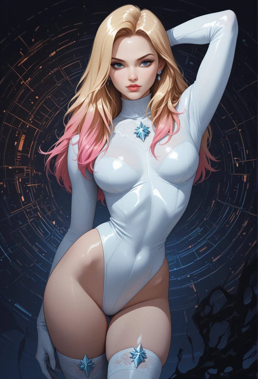 Woman with ,golden curly hair,Blue eyes,white fox ears,wear sportsuit, ((pussy:1.5)) ,((crotchless panties:1.2)),((pussy stand out)),((nipple stand out))
