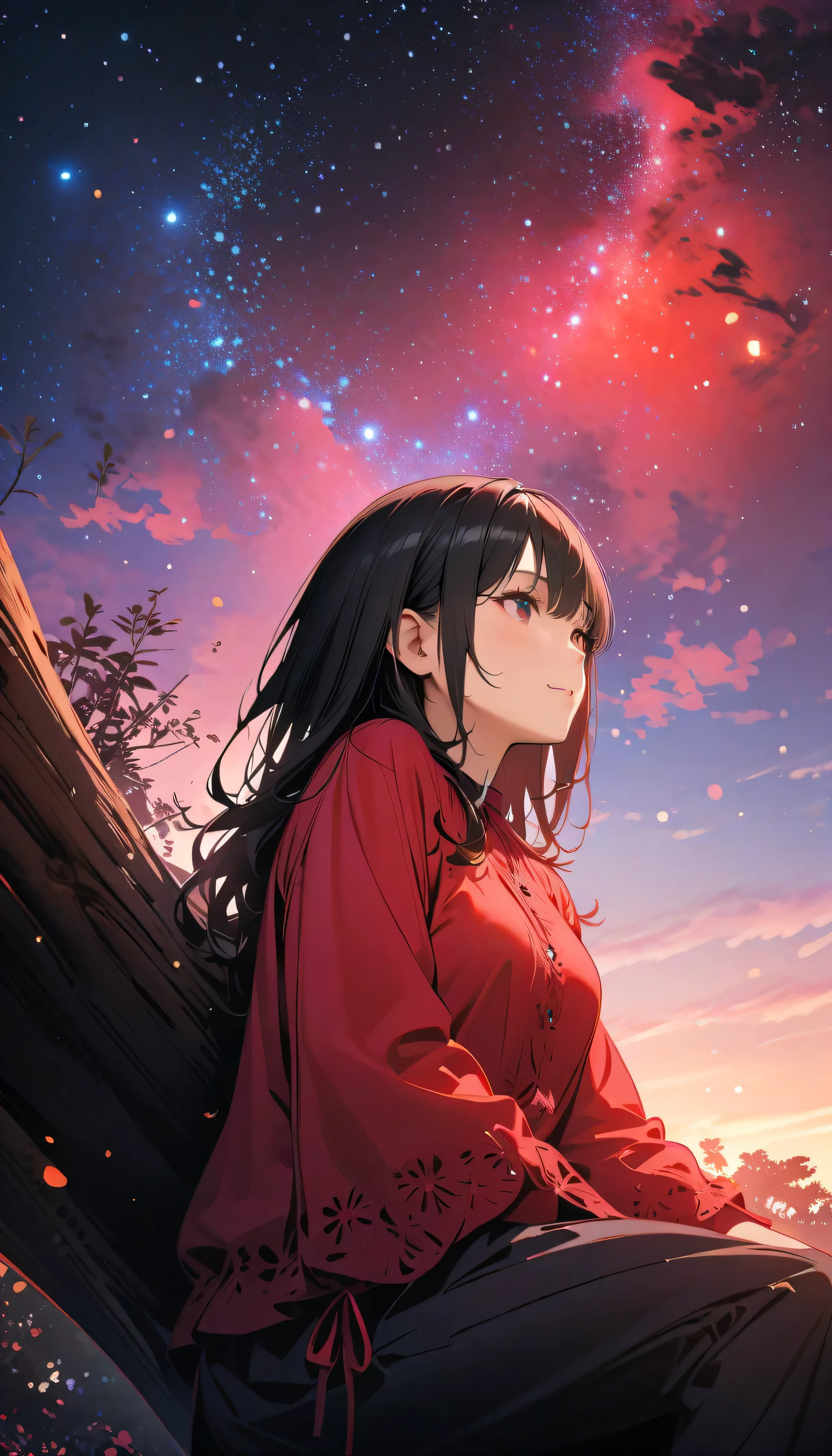 (best quality:1.2, 非常にdetailsな, newest, best quality, Best Aesthetics), 8K Ultra HD, 非常にdetailsな, details, Bold composition, (perfect human structure), beautiful and very delicate texture, delicate and dynamic, romantic and sweet style, concept art style, 非常に複雑なdetails, the contrast between light and dark is clear, Structured, fantastic night, light gradation , Vivid and gentle colors, An old tree, Fantastic starry sky, backlight, One nice girl, 非常にdetailsな目と顔, Dark Eyes, smooth skin texture , shiny skin, kind expression, Girl sitting on a tree branch, smiles, black hair, young, light clothing, 2.5d, realistic, looking up at the sky, angle from below