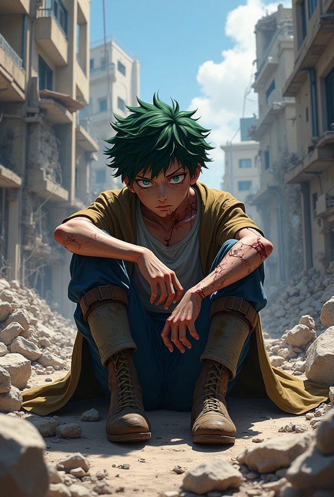 Man, thin and defined body, green spiky hair, green eyes, bruised and scarred body, dark green coat, training field background, "Anime character design inspired by Naruto, full of dramatic and impressive lighting, focus on the centralized character, impressive face, full of creative details, ultra-fine 4K design, scenery bathed in creativity, boasting 2D anime resolution clarity, HD anime graphics, high-octane rendering"