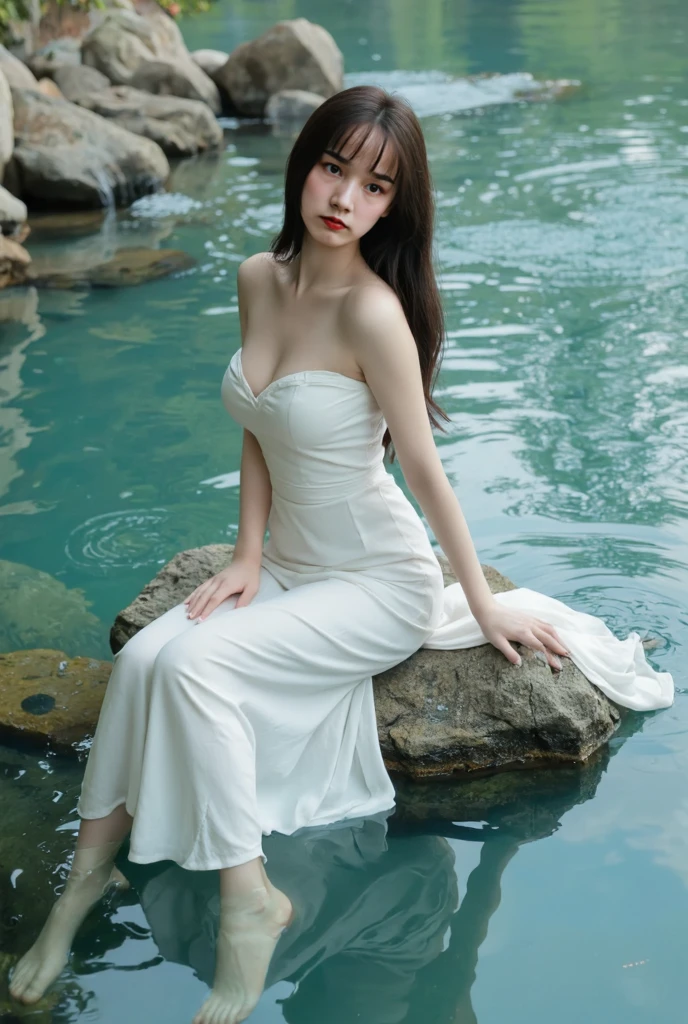 calligraphy_background, ((full body)),strapless dress,bow, yellow dress,white thighhighs,blue ribbon, ((full body)),beautiful woman in a sailing boat, wet body, detailed face and eyes, beautiful lips, young female model, saturated colors, leaning on the railing, stunning smile, long legs, slender figure, exquisite face, masterpiece, bare shoulders, large breasts, anatomically correct, (best quality,4k,8k,highres,masterpiece:1.2),ultra-detailed,(realistic,photorealistic,photo-realistic:1.37)