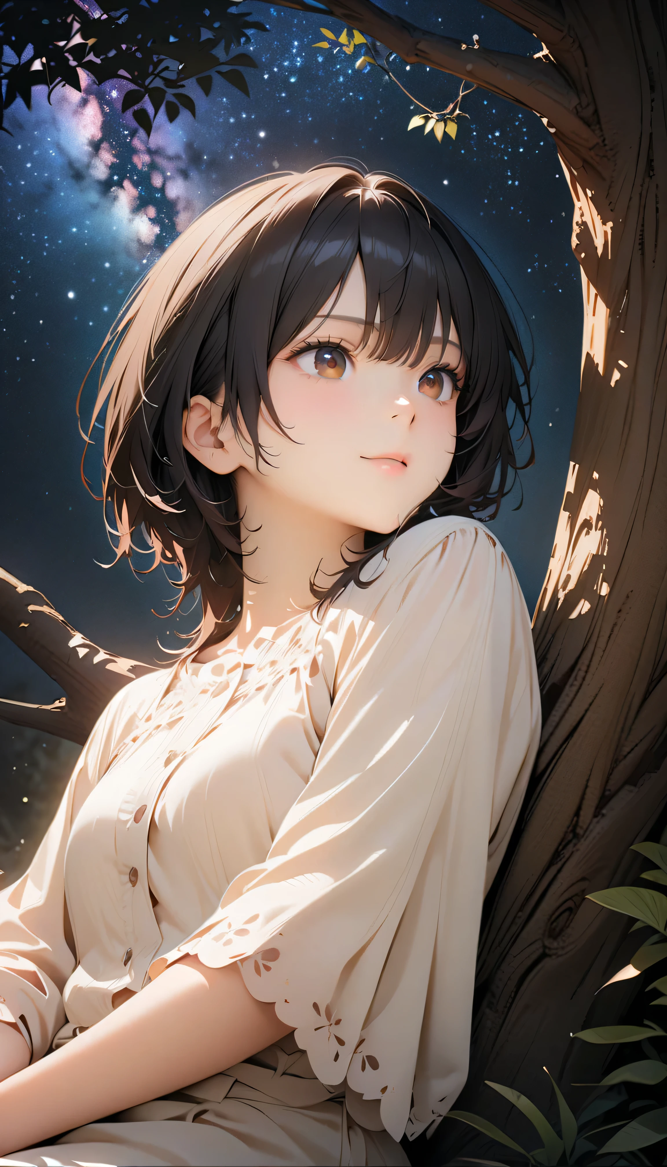 (best quality:1.2, 非常にdetailsな, newest, best quality, Best Aesthetics), 8K Ultra HD, 非常にdetailsな, details, Bold composition, (perfect human structure), beautiful and very delicate texture, delicate and dynamic, romantic and sweet style, concept art style, 非常に複雑なdetails, the contrast between light and dark is clear, Structured, fantastic night, light gradation , Vivid and gentle colors, An old tree, Fantastic starry sky, backlight, One nice girl, 非常にdetailsな目と顔, Dark Eyes, smooth skin texture , shiny skin, kind expression, Girl sitting on a tree branch, smiles, black hair, young, light clothing, 2.5d, realistic, looking up at the sky, angle from below