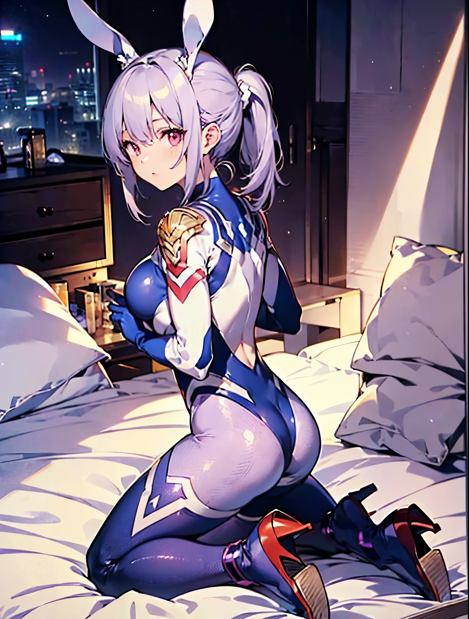 Blue twitching head, golden eyes and scar on left cheek、Crouching on the bed、Wrap your entire right arm with bandages.。He wears light blue armor with bare feet and leggings on his legs。