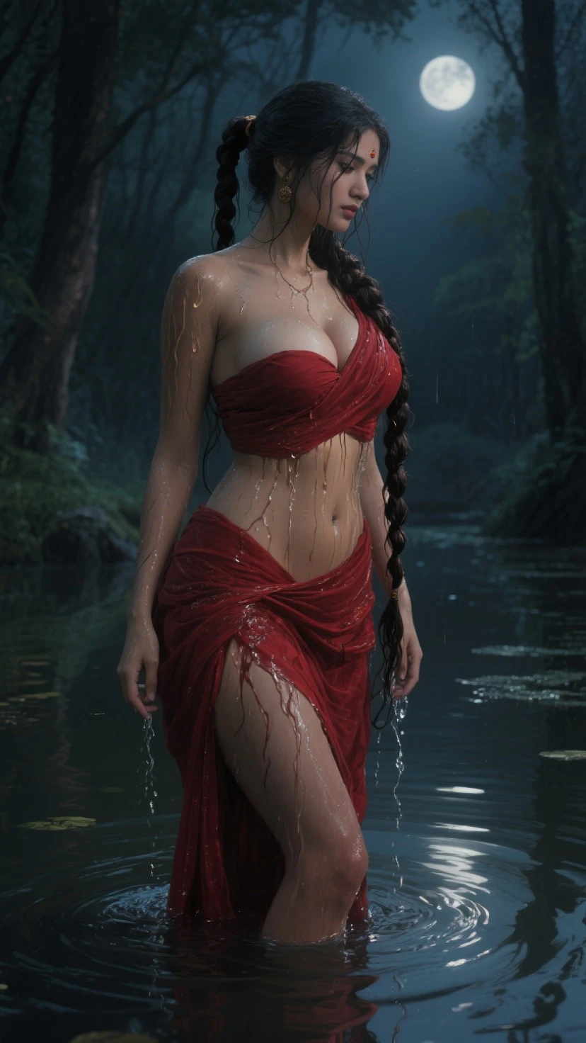 ((( by artist Raja Ravi Varma ))), Nair Lady taking bath in a water falls, see through dress, licking lips, (big boobs:1.2), deep cleavage, wearing thin red lace see-through bikini, red lips, seductive gaze, posing provocatively, innocently, make love with girl real photo volumetric lighting, photo-realistic, ultra detailed, best quality, Realistic, 8K, ultra-detailed, Unreal Engine, midjourney art style