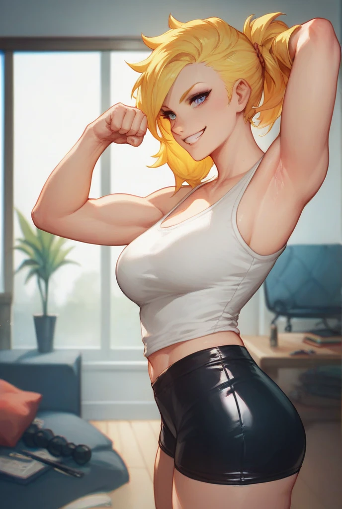 fully body, Hani, blonde, shorth hair, slickedback hair, Caucasian skin, wearing denim shorts and a black top, black tights, smirk on face, , pose sexy, crotch focus
