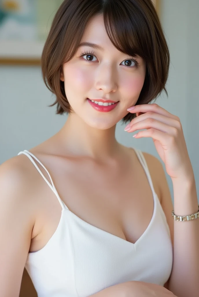 ((masterpiece , Highest quality ,Face Focus)), 17 year old nude single woman , naked bathtowel,bare shoulders , white mesh panty,cameltoe , thin , medium
breasts,cleavage,slender waist , (Jet black short hair:1.37) ,(droppy big eyes :1.3) , (Toothy smiles: 1.1)