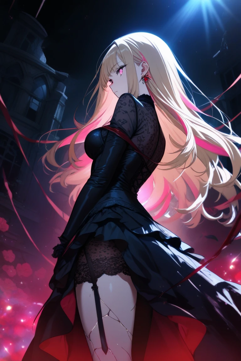 adult woman, pink eyes, long blonde hair, sexy black dress, moon, night