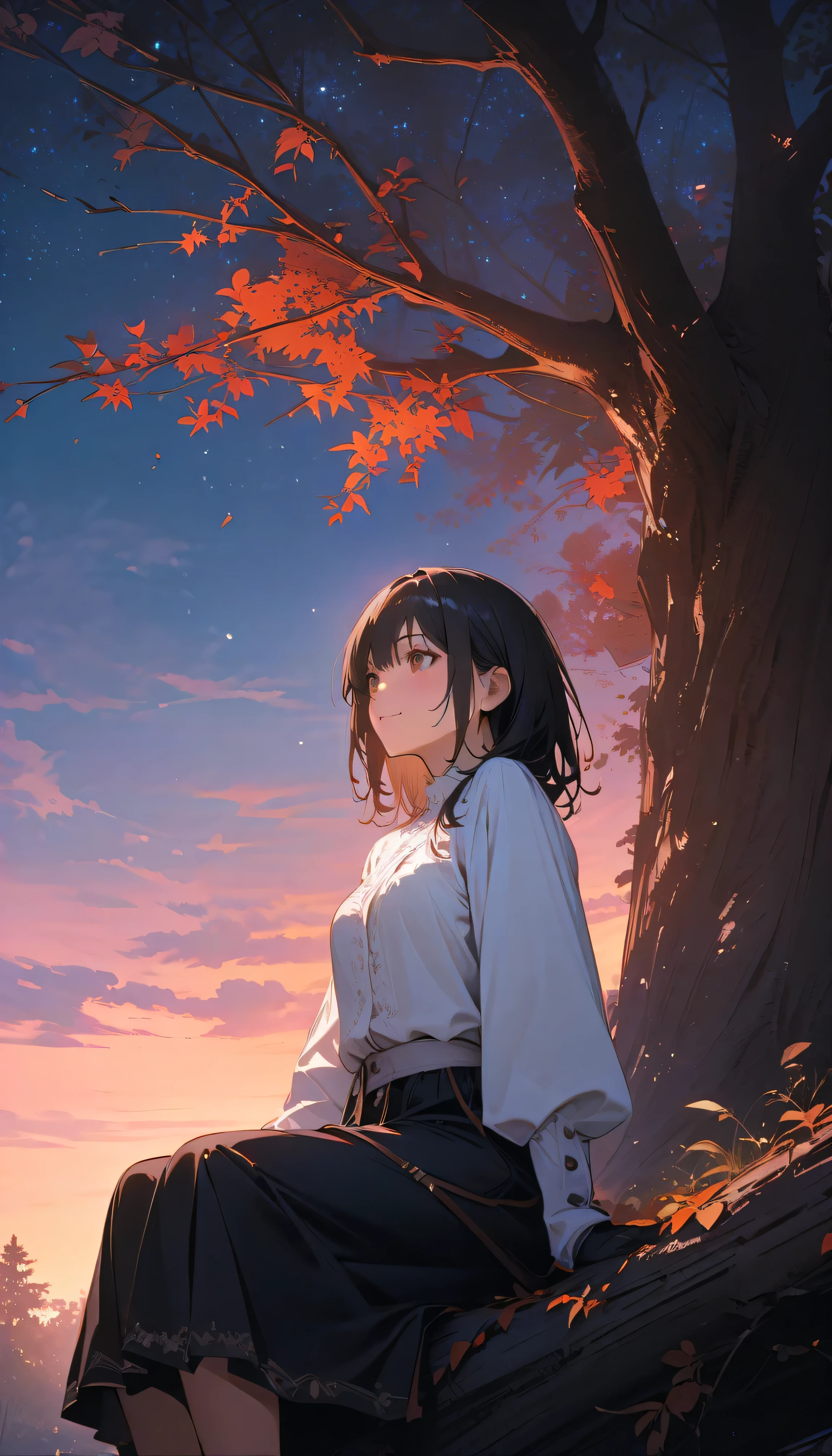 (best quality:1.2, 非常にdetailsな, newest, best quality, Best Aesthetics), 8K Ultra HD, 非常にdetailsな, details, Bold composition, (perfect human structure), beautiful and very delicate texture, delicate and dynamic, romantic and sweet style, concept art style, 非常に複雑なdetails, the contrast between light and dark is clear, Structured, fantastic night, light gradation , Vivid and gentle colors, An old tree, Fantastic starry sky, backlight, One nice girl, 非常にdetailsな目と顔, Dark Eyes, smooth skin texture , shiny skin, kind expression, Girl sitting on a tree branch, smiles, black hair, young, light clothing, 2.5d, realistic, looking up at the sky, angle from below