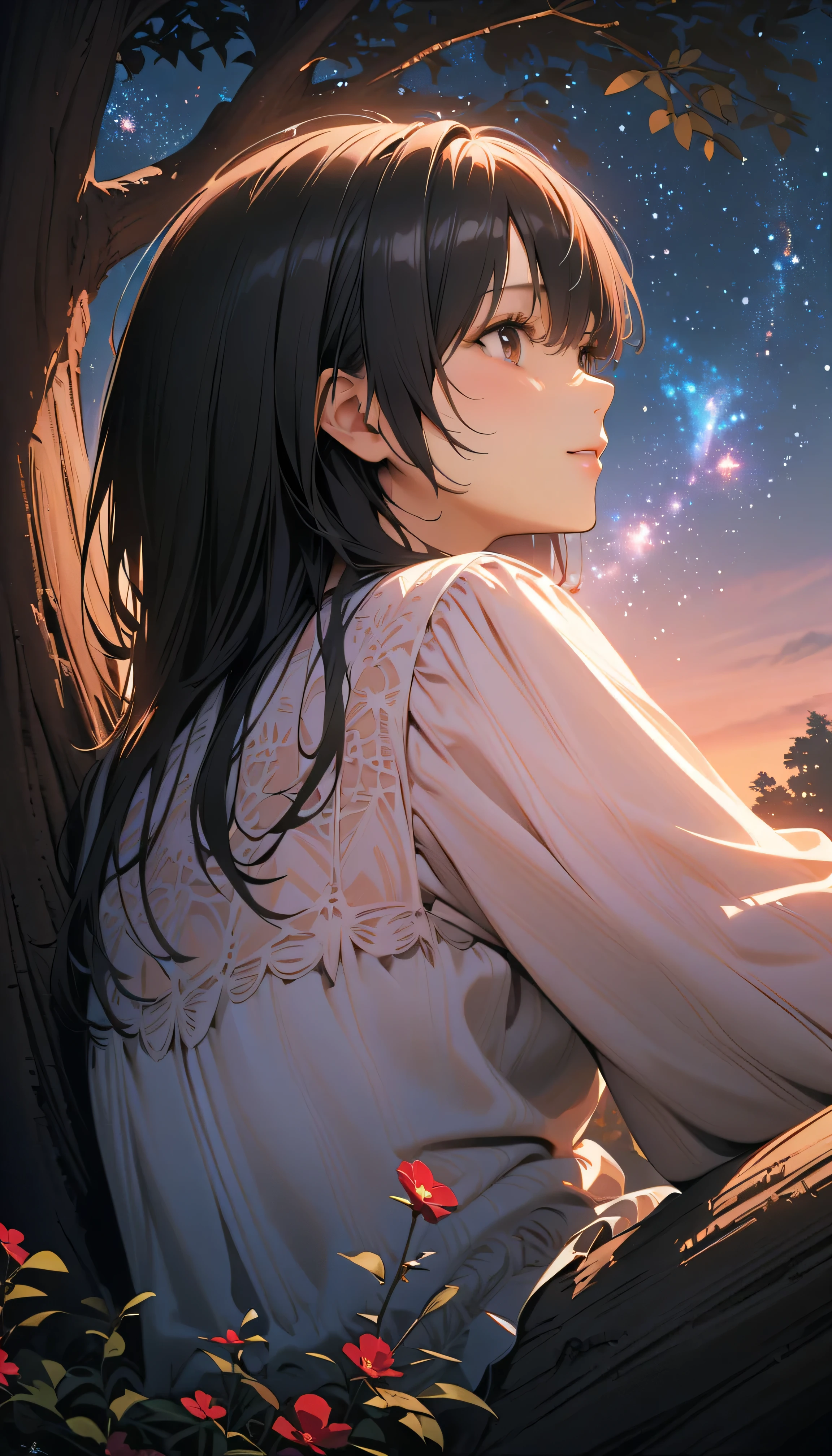 (best quality:1.2, 非常にdetailsな, newest, best quality, Best Aesthetics), 8K Ultra HD, 非常にdetailsな, details, Bold composition, (perfect human structure), beautiful and very delicate texture, delicate and dynamic, romantic and sweet style, concept art style, 非常に複雑なdetails, the contrast between light and dark is clear, Structured, fantastic night, light gradation , Vivid and gentle colors, An old tree, Fantastic starry sky, backlight, One nice girl, 非常にdetailsな目と顔, Dark Eyes, smooth skin texture , shiny skin, kind expression, Girl sitting on a tree branch, smiles, black hair, young, light clothing, 2.5d, realistic, looking up at the sky, angle from below