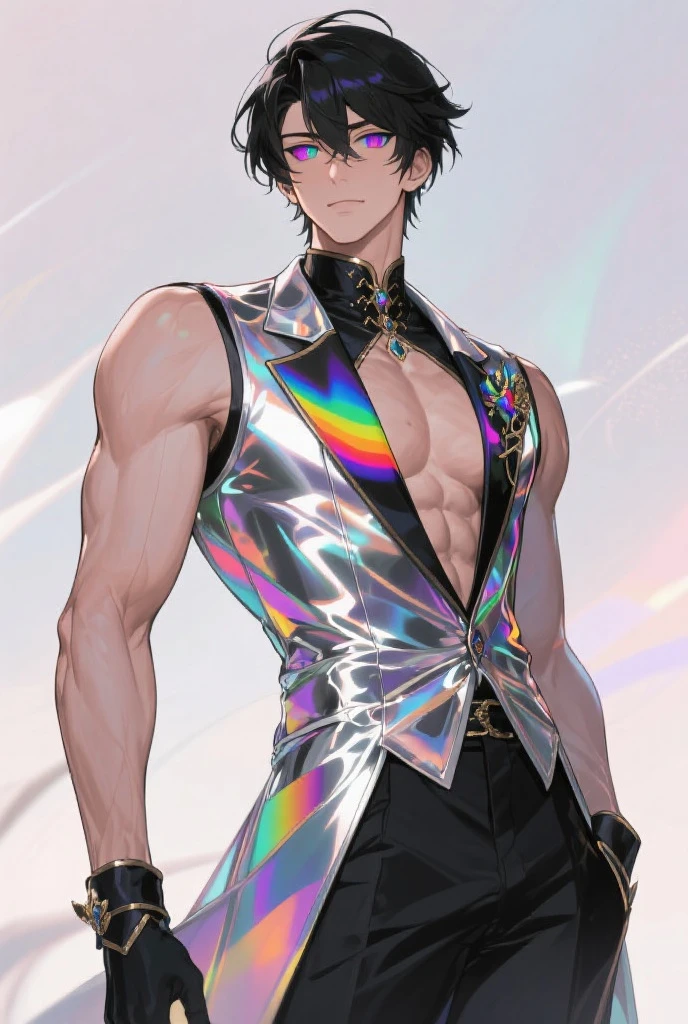(Highest quality:1.2),One man,alone,Are standing_Split,whole body, Photo of a Japanese man in his 20s made of shiny white and silver translucent glass and plastic,Muscular and shirtless, Silver metal interior, Dynamic pose, Flow organic structure, A sparkling golden circuit, colorful Neon decoration, Ball of Light, Illumination, Illumination回路, Neon decoration, Depth of Field Focus F/2.8, H&#39;art.right. liver, Greg rightutowski