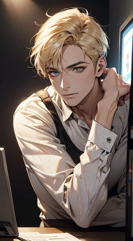 (best quality, masterpiece, 8K, photorealistic, cinematic lighting, hdr image, ultra detailed, beautiful image), 1 man, 31 years old, mature man, very handsome, (without expression, serious), short golden hair, blue grey eyes ( penetrating gaze), perfect face without errors, imposing posture, without errors, businessman, office background