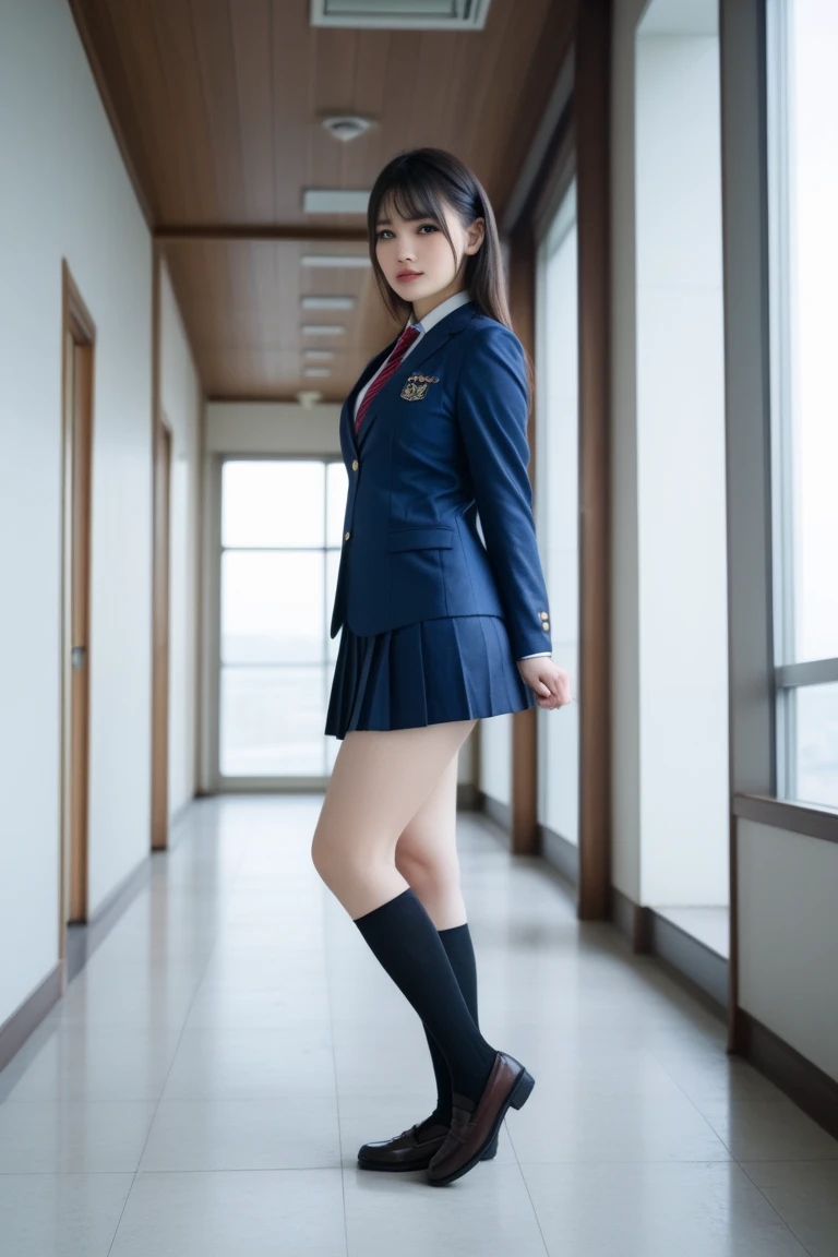 (((young Japanese girl jumping wearing high school uniform))),(full body shot:2), natural lighting, ultra sharp focus,huge breasts, ((beautiful face)), wearing pantyhose, wearing short sleeve, photo-realistic