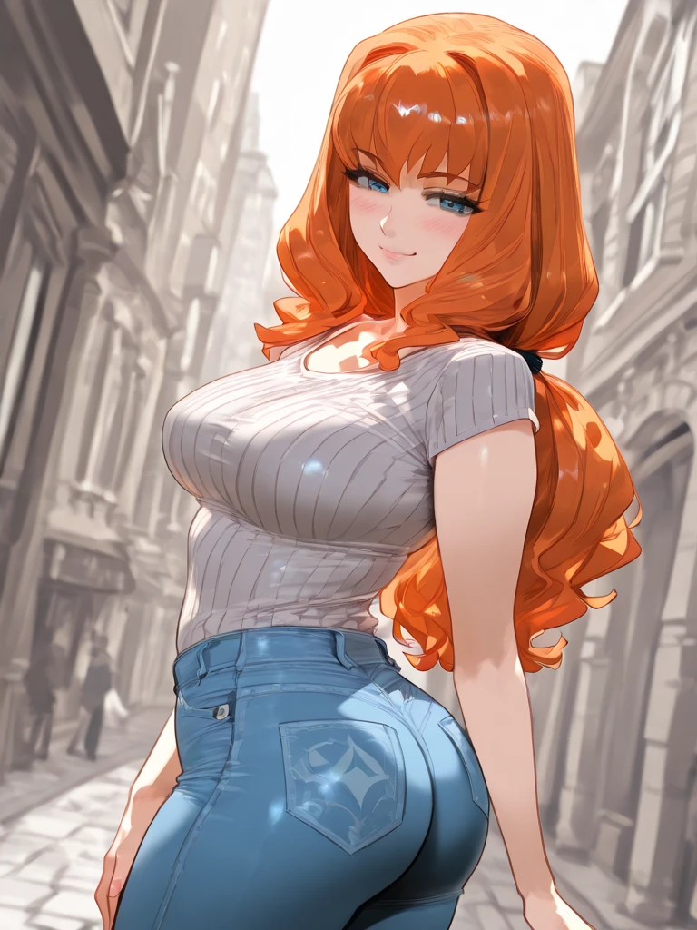 (masterpiece), best quality, expressive eyes, perfect face,1girl,fox girl, fox ears, fox tail,dark red hair,cleavage,big breasts,casual clothes,navel,casual shorts,bracelet,smiles,orange eyes,city street,day, warm sunlight,soft shadows,one eye closed,standing,contrapposto,v over eye,hand on own hip,full body,heel sandals