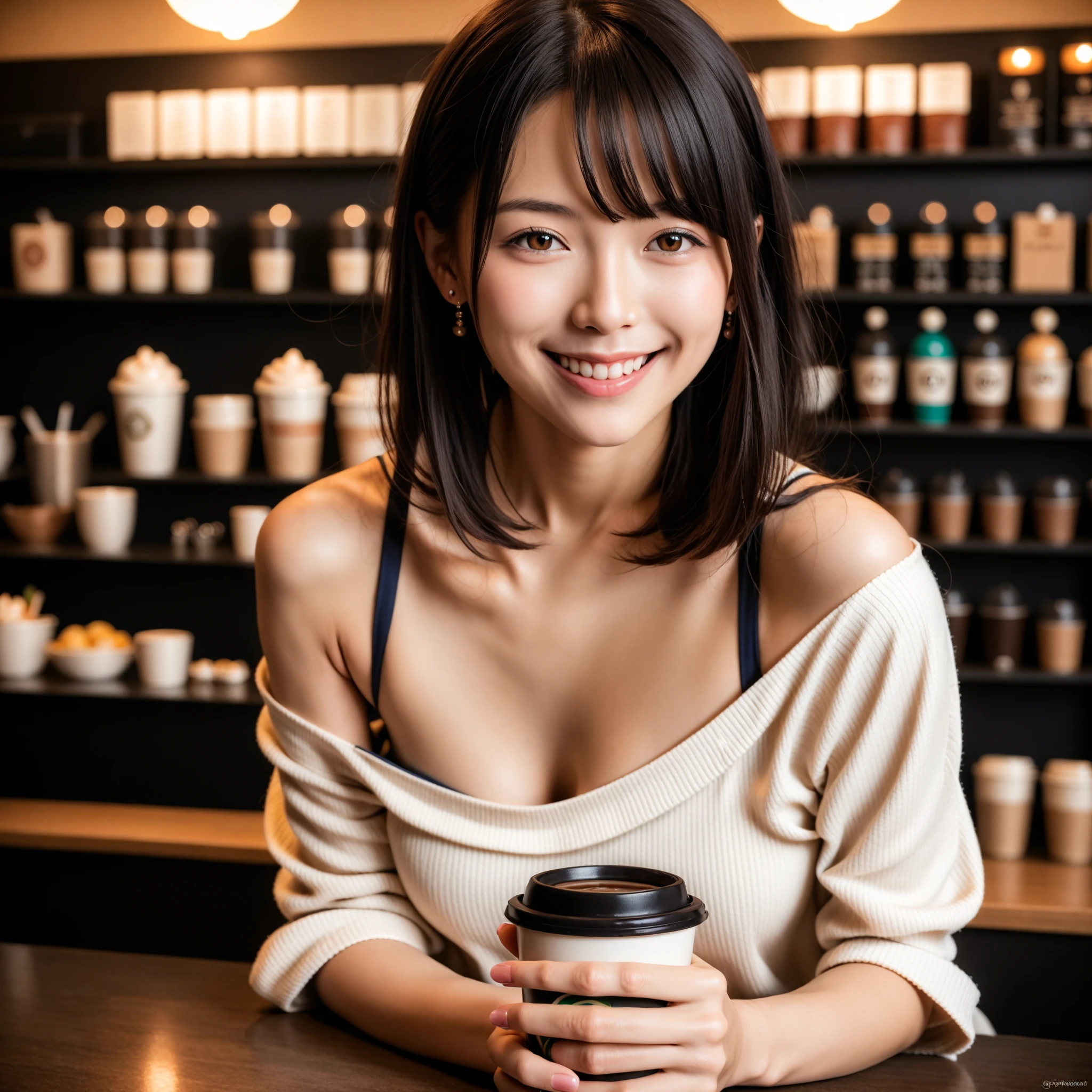 (realistic、High resolution:1.3)、Just one girl with a perfect figure、super thin face and eyes、short hair、、at the cafe、Man's room、naked