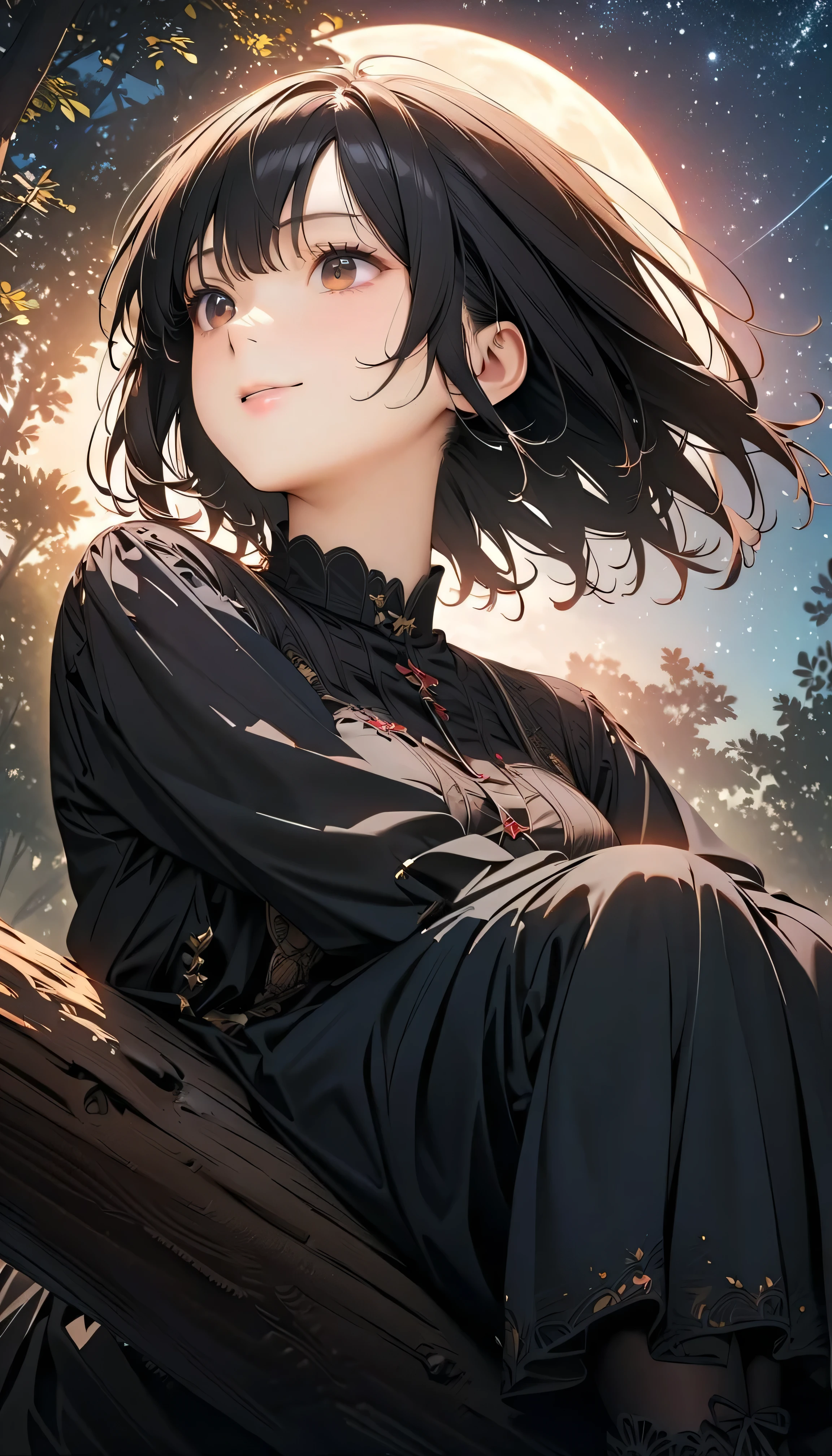 (best quality:1.2, 非常にdetailsな, newest, best quality, Best Aesthetics), 8K Ultra HD, 非常にdetailsな, details, Bold composition, (perfect human structure), beautiful and very delicate texture, delicate and dynamic, romantic and sweet style, concept art style, 非常に複雑なdetails, the contrast between light and dark is clear, Structured, fantastic night, light gradation , Vivid and gentle colors, An old tree, Fantastic starry sky, backlight, One nice girl, 非常にdetailsな目と顔, Dark Eyes, smooth skin texture , shiny skin, kind expression, Girl sitting on a tree branch, smiles, black hair, young, light clothing, 2.5d, realistic, looking up at the sky, angle from below