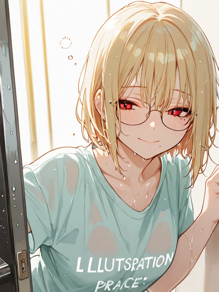 chubby, girl, blonde, medium length hair, open forehead, no bangs, green eyes, black square-rimmed glasses
without clothes, white towel
bathroom