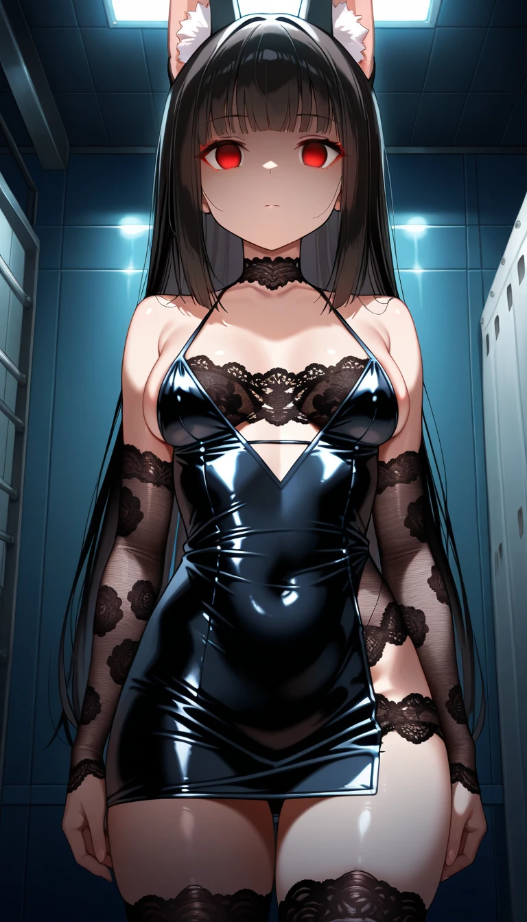 (Perfect Anatomy)、Mastepiece、Ultra High Quality、 8k、masterpiece、Highest quality、Ultra-high resolution、Maximum resolution、Very detailed、Professional Lighting、anime、woman、thin、Very beautiful face、Very beautiful eyes、(Highly detailed eye)、Highly detailed face, Golden earrings、Black Hair,、Pink eyes, Braiding、Straight bangs, contouring, makeup, eyeliner, eye shadow, pink cheek, pink lips, full body, standing, bondage outfit,