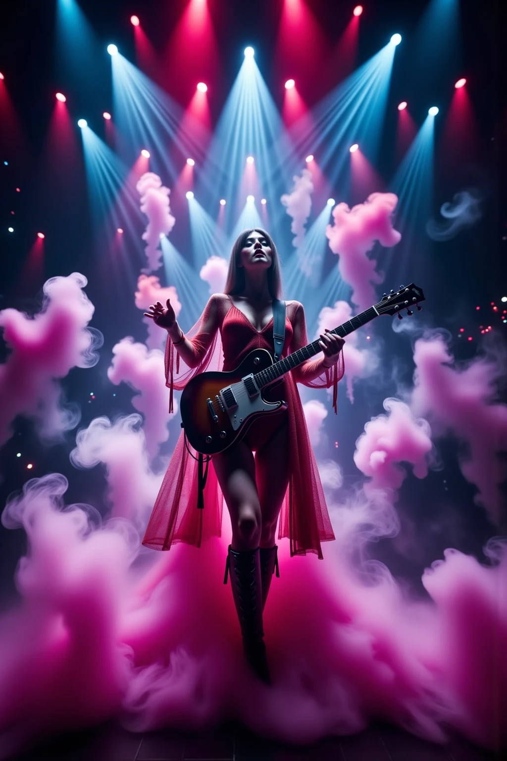 Cyberpunk,Vivid colors,Neon lighting,futuristic metropolis,A woman who sings passionately while playing a guitar on a gorgeous and huge stage,Stylish and funky style costume,Powerful smoke bursting from below makes the stage even more powerful,Colorful lights make the stage gorgeous,Woman showing dynamic stage dominance,A woman showing dynamic stage dominance,Surrounding and deifying her for many audiences,Dynamic pose,Expressive face,Professional scene direction,UHD,16K,32K,Future music show,Fine Details,