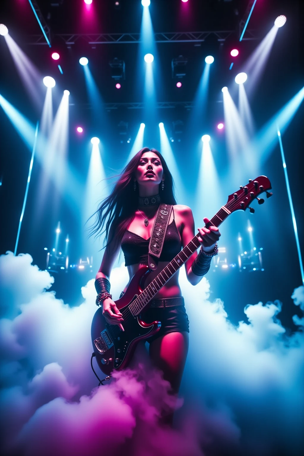 Cyberpunk,Vivid colors,Neon lighting,futuristic metropolis,A woman who sings passionately while playing a guitar on a gorgeous and huge stage,Stylish and funky style costume,Powerful smoke bursting from below makes the stage even more powerful,Colorful lights make the stage gorgeous,Woman showing dynamic stage dominance,A woman showing dynamic stage dominance,Surrounding and deifying her for many audiences,Dynamic pose,Expressive face,Professional scene direction,UHD,16K,32K,Future music show,Fine Details,