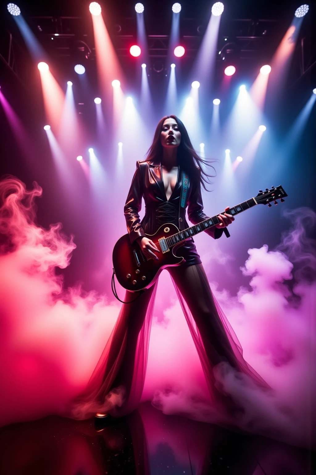 Cyberpunk,Vivid colors,Neon lighting,futuristic metropolis,A woman who sings passionately while playing a guitar on a gorgeous and huge stage,Stylish and funky style costume,Powerful smoke bursting from below makes the stage even more powerful,Colorful lights make the stage gorgeous,Woman showing dynamic stage dominance,A woman showing dynamic stage dominance,Surrounding and deifying her for many audiences,Dynamic pose,Expressive face,Professional scene direction,UHD,16K,32K,Future music show,Fine Details,