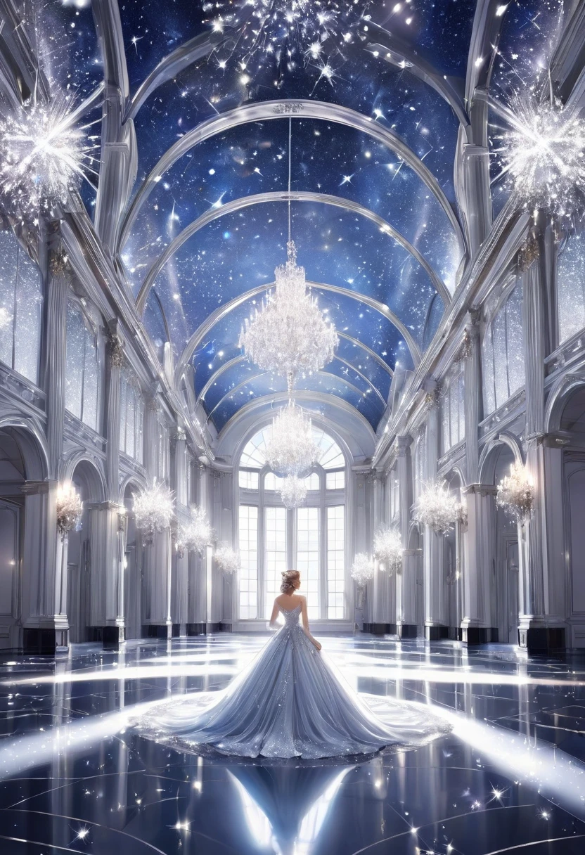 A luxury hotel floating on a sea full of stars. The hotel is over the ocean. And above the sea float many stars.