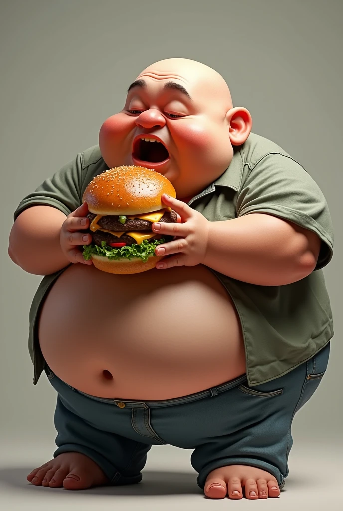 Create a 8k 3d image that is hyper realistic. This image is of a obese human with many belly rolls eating twinkies. He is eating a handful at a time