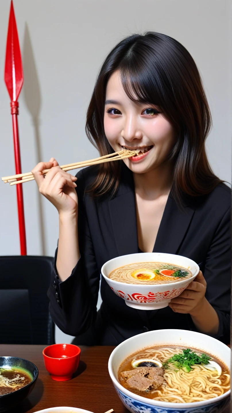 Drawing of a kawaii girl savoring a delicious bowl of ramen