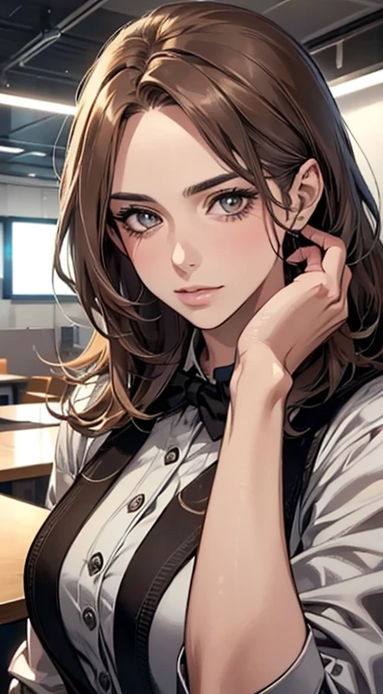 8K picture quality、top-quality、masutepiece，in a school，white  shirt，blacksuit，‎Classroom，A teacher，Large breasts，cleavage，super high image quality、ultra - detailed、Ultra-realistic hair quality、Vibrant colors，Sweaty forehead and cheeks、soft pink lips、Red cheeks