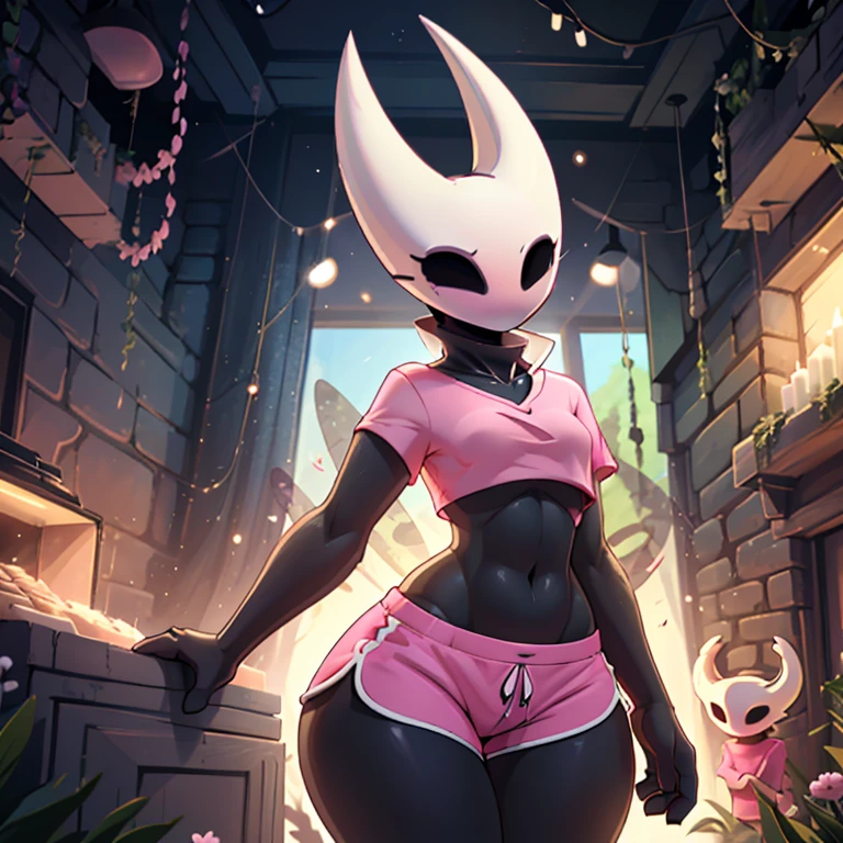 hornet, cute, chibi, no feet, furry girl, abs, slim, anthro, thread, solo, sits, red tango panties, She covers her nipples on her chest with her hands, (best quality), (detailed dark cave background:1.2), flat colors, large breasts, no nipples, sexy body, (blushes 1.5), underboob, orgasm,