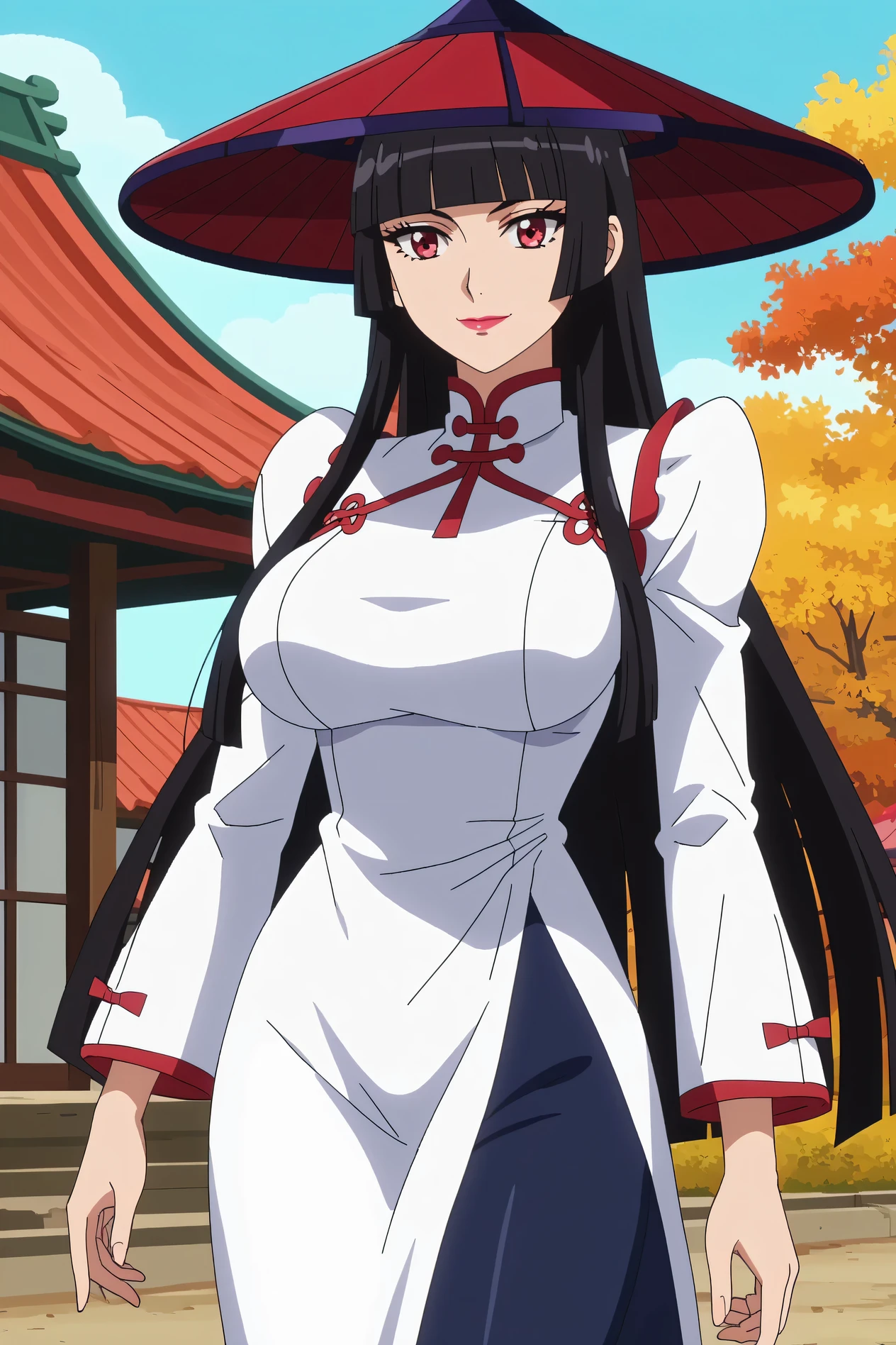 score_7_up, anime screencap,
RoryMercury,
1girl, closed mouth, light smile,
long hair, black hair, red eyes, hime cut, blunt bangs, lipstick, conical hat,
over shoulder, Big breasts, vietnamese dress Ao dai, pants, long sleeves,
solo, cowboy shot, Boutdoors,