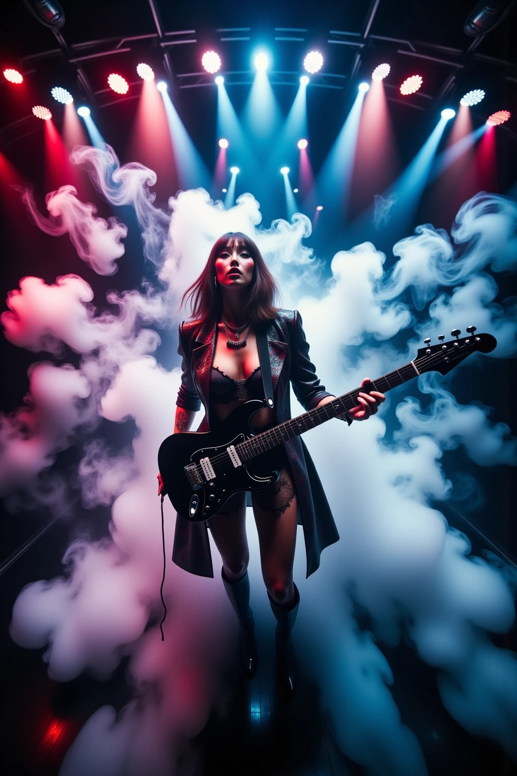 Top-down view,Double exposure,Volumetric lighting,Cyberpunk,Vivid colors,Neon lighting,futuristic metropolis,A woman who sings passionately while playing a guitar on a gorgeous and huge stage,Stylish and funky style costume,Powerful smoke bursting from below makes the stage even more powerful,Colorful lights make the stage gorgeous,Woman showing dynamic stage dominance,A woman showing dynamic stage dominance,Surrounding and deifying her for many audiences,Dynamic pose,Expressive face,Professional scene direction,UHD,16K,32K,Future music show,Fine Details,