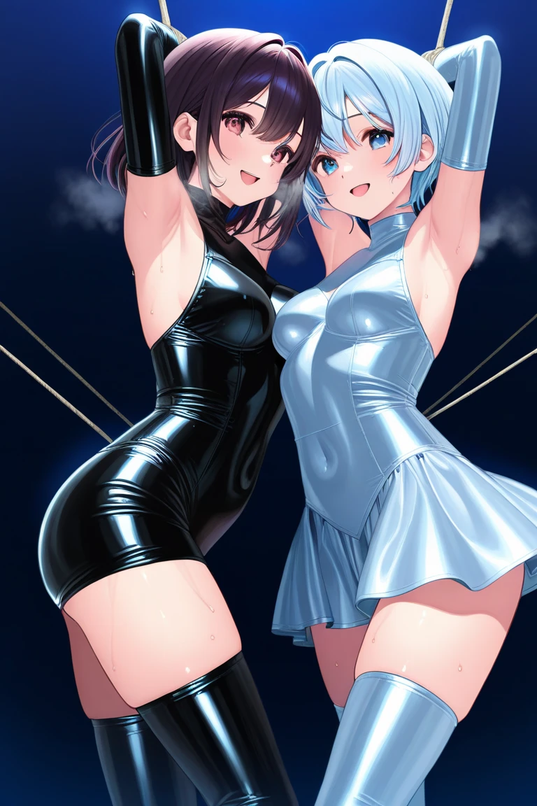 1 2d girl with short blue hair, with a black dress with white panties and white skin color with her hands making a heart sign and with 5 fingers