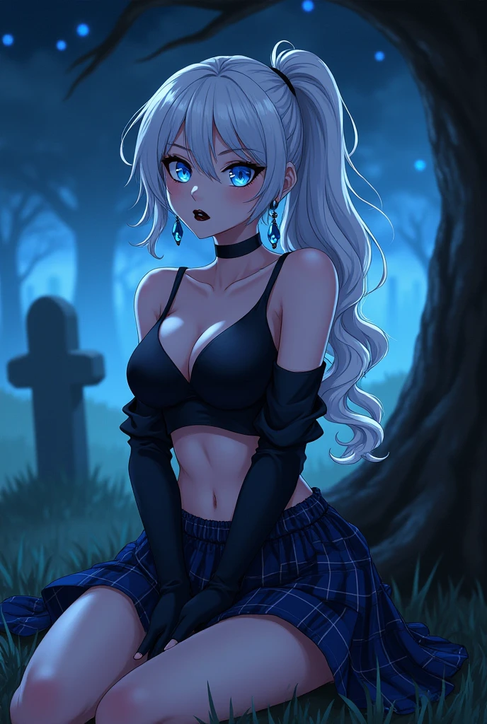 (best quality, ultra-detailed, photorealistic: 1.39), bright and vibrant colors, studio lighting, romantic expression, An effeminate Wolf-girl, with a delicate and beautiful face. Beautiful and adult sensual woman with her blonder hair matches the gothic makeup, her blue eyes and mischievous smile, with her large seductive breasts, cleavage, gothic style blouse, strapless lace blouse, plaid pleated skirt, black lace socks, chain details on the skirt, on the porch of the house at night, full moon, night, manga style, anime features manga style, fully body , she is in love, anime style