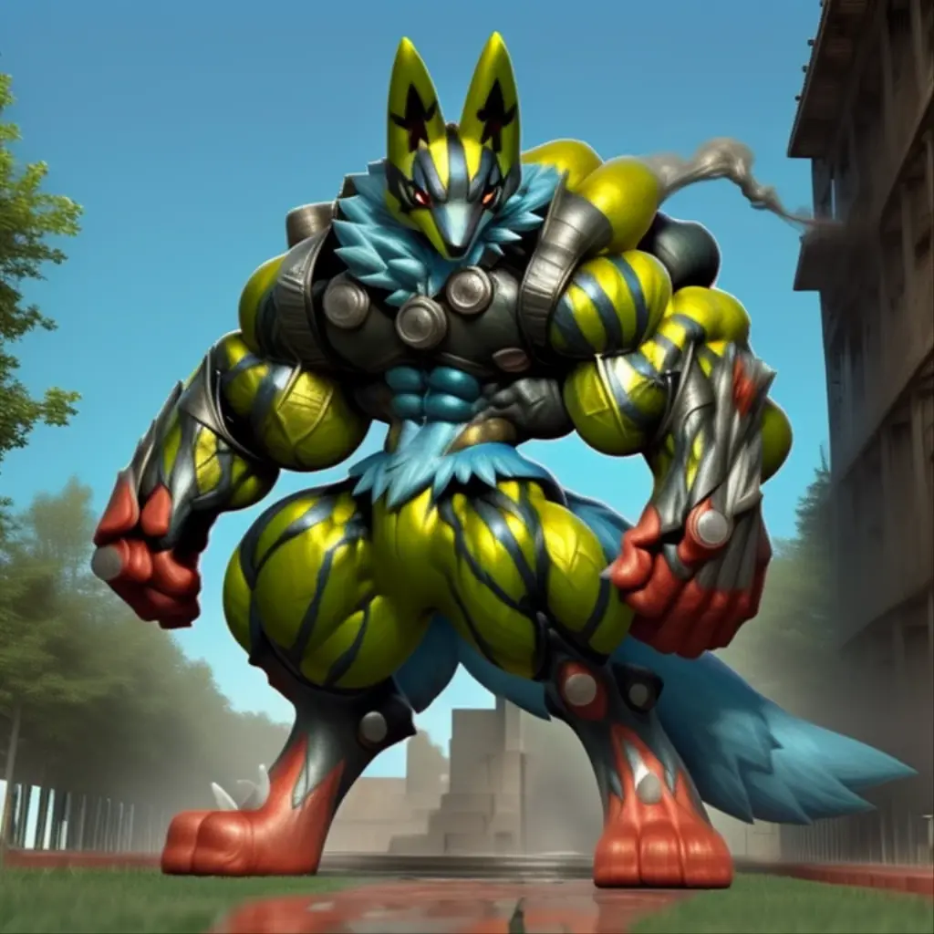 solo (masterpiece. official art. 8k. best quality. detailed full body. full body.)
(situation 1 : dominating mega lucario. focus GIANT mechanical Muscular mega lucario is trampling the CITY. macro. stomp. Low-angle perspective. emphasizing the immense size. The perspective is from below, emphasizing the sheer majesty and power of the Giant. giant art. He is much bigger than a skyscraper. Giga Giants. micro soccer field. looking down.)
(situation 2 :smoke and flames rising from the destruction in the city)
(Additional details 1: wearing a full-face helmet. high-tech bio-mecha armor. real texture material. whole body shines like metal. Wearing cyberpunk mecha. emphasizes the muscles. suit fully made of metal. intricate armor. Robotic suit. suit fully made of metal. cyborg. Powered exoskeleton with the same design as mega lucario).
(Additional details 2: (Detailed head. Detailed Body. Detailed abs. gigantic muscles. HYPER MUSCLES. Gigachad Muscular. big muscle. pecs. triceps. traps. unusually developed muscular body. body full of huge muscles. showing off muscles. pectorales enormes. Exaggeratedly huge muscles. huge muscles. long legs.).