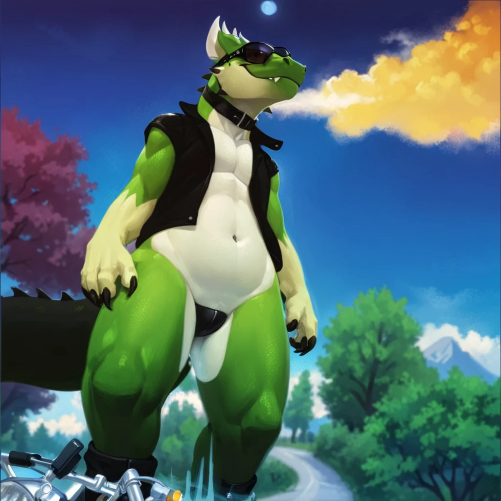 Protogen, (white fur with some green strands of fur) , city, happy, male, 8 foot 0, standing, looking at viewer, muscular, (big ass), back view, ass bursting out of green underwear, green glowing balls, bending over, white ass, cock, cum, macro