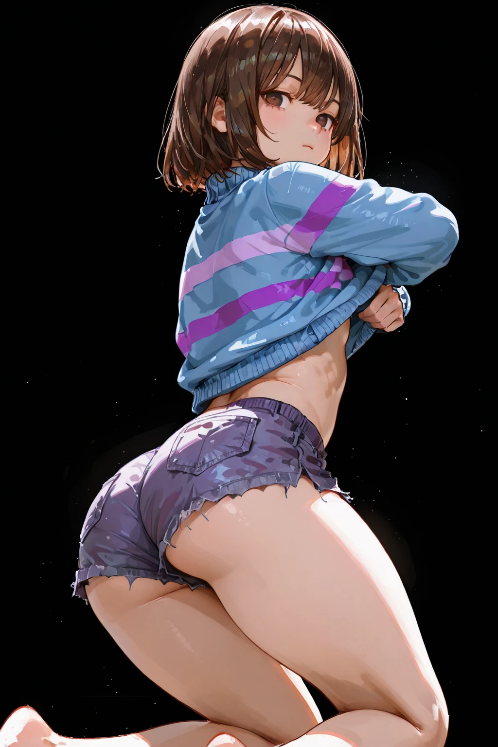1girl, solo, best quality, masterpiece, simple background, simplistic background, minimalist background, detailed, cowboy shot, Undertale Frisk, brown hair, brown shorts, bob cut, short hair, black pantyhose, blue shirt, purple stripes, closed eyes, striped, striped shirt, from behind, wide hips, butt, large butt, huge ass, suggestive