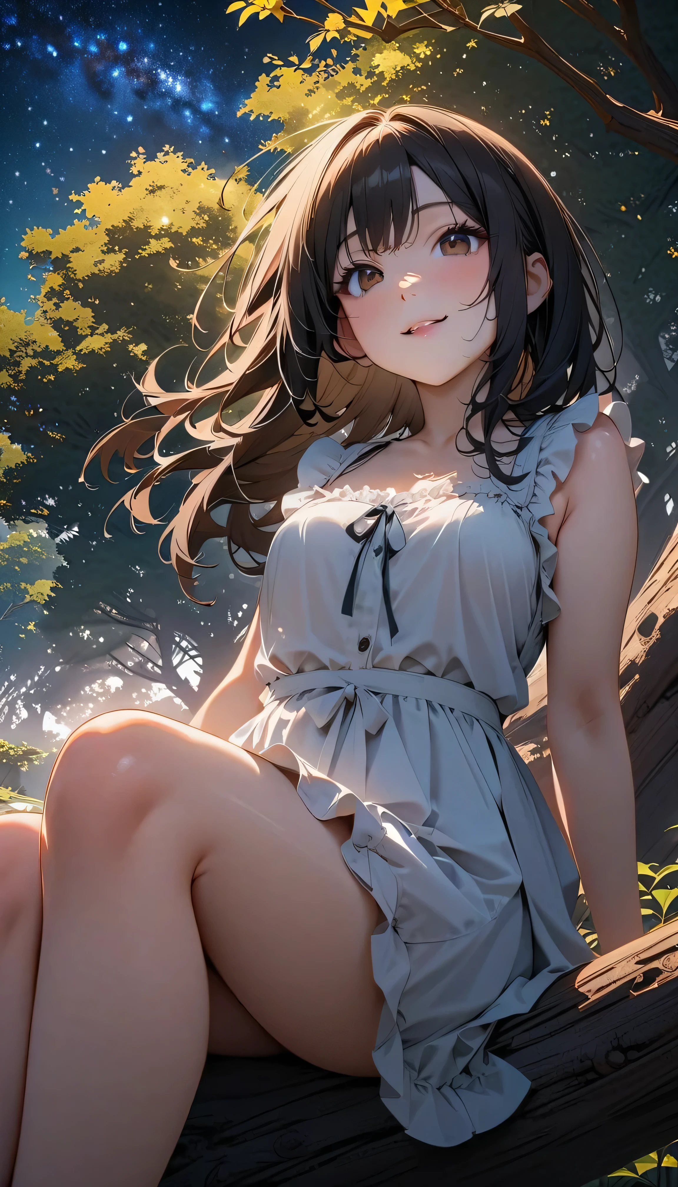 master piece, ultra detailed, hyper realistic, Girl sitting on a stump playing classical guitar, Alice in wonderland dress, blue dress with white apron, peter pan collar, puff sleeves, knee-length skirt, white stockings, black Mary jane shoes, An infectious smile that makes everyone around feel happy, flower field, a forest with sunlight filtering through the trees, creating a spotlight like effect of dappled light, detailed lighting, intricate shadows, warm tones, highly detailed, photorealistic, A Dutch angle shot, tilted to one side for a dynamic and dramatic effect, 