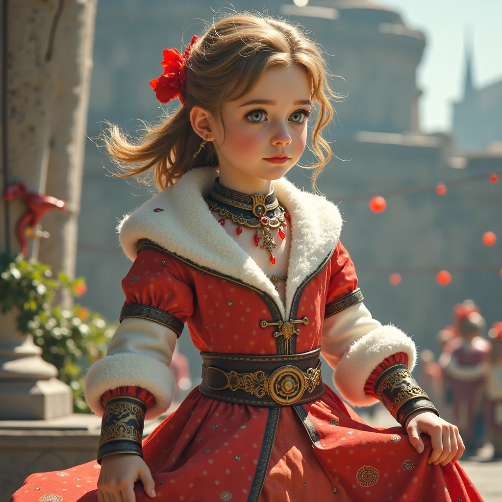 Close up, Red short curly haired boy girl Little Red Riding Hood, Clock on necklace, (victorian age), ((steampunc)), Cinematography, Crafted, elegant, Meticulous, Magnificent, max details, extremely hyper aesthetic, intricately details, Multi-gear, Old town background