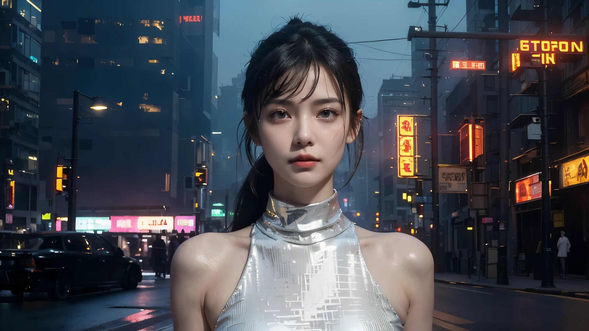 masterpiece,best quality,high resolution, 8,000,(Portrait Photos:1.5),(R Original photo),Real Photos,Digital photography,(Cyberpunk style city streets,Bustling city streets,Neon sign,After the Rain,Mist,steam),(female), 20 year old girl, random hairstyle,Through Bangs,( big breasts,Keep your mouth shut,Keep silent,Elegant and charming ,Smile,(cyberpunk style dress,Photo poses, Realisticstyle, oc rendering reflective texture, Upper Body Lens ,looking into the camera