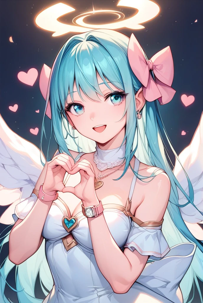 Sky blue hair、Braided Short Hair、Pink Eyes、Fair skin、whole body、One person、shy、Lots of hearts in the background、(Heart-shaped chocolate)、(Chocolate Angel)、Valentine's Day、smile、masterpiece、Highest quality、Very detailed、Best Shadow、Detailed Background、Beautifully detailed face、High Contrast、Best lighting、Very delicate and beautiful、Cinematic Light、Hyper Detail、8k、Dramatic Light、Exquisite detail、