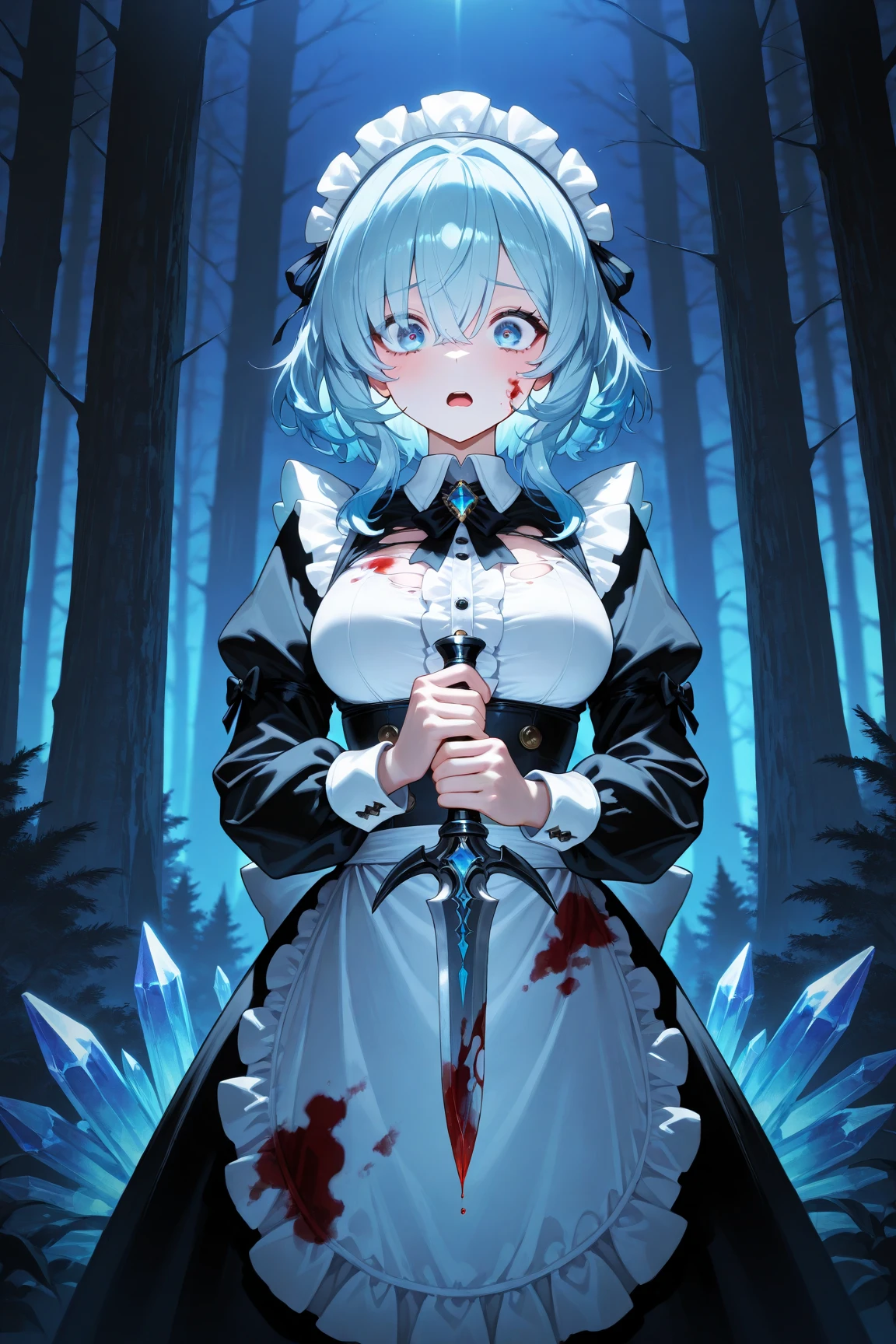 girl, sfw, maid costume, cloe up, (short hair), hair over one eye, single horn, glowing horn, forest background, smile, ((blood)) on face <lora:rem_v1:1.0> <lora:weight_slider_v2:-1>