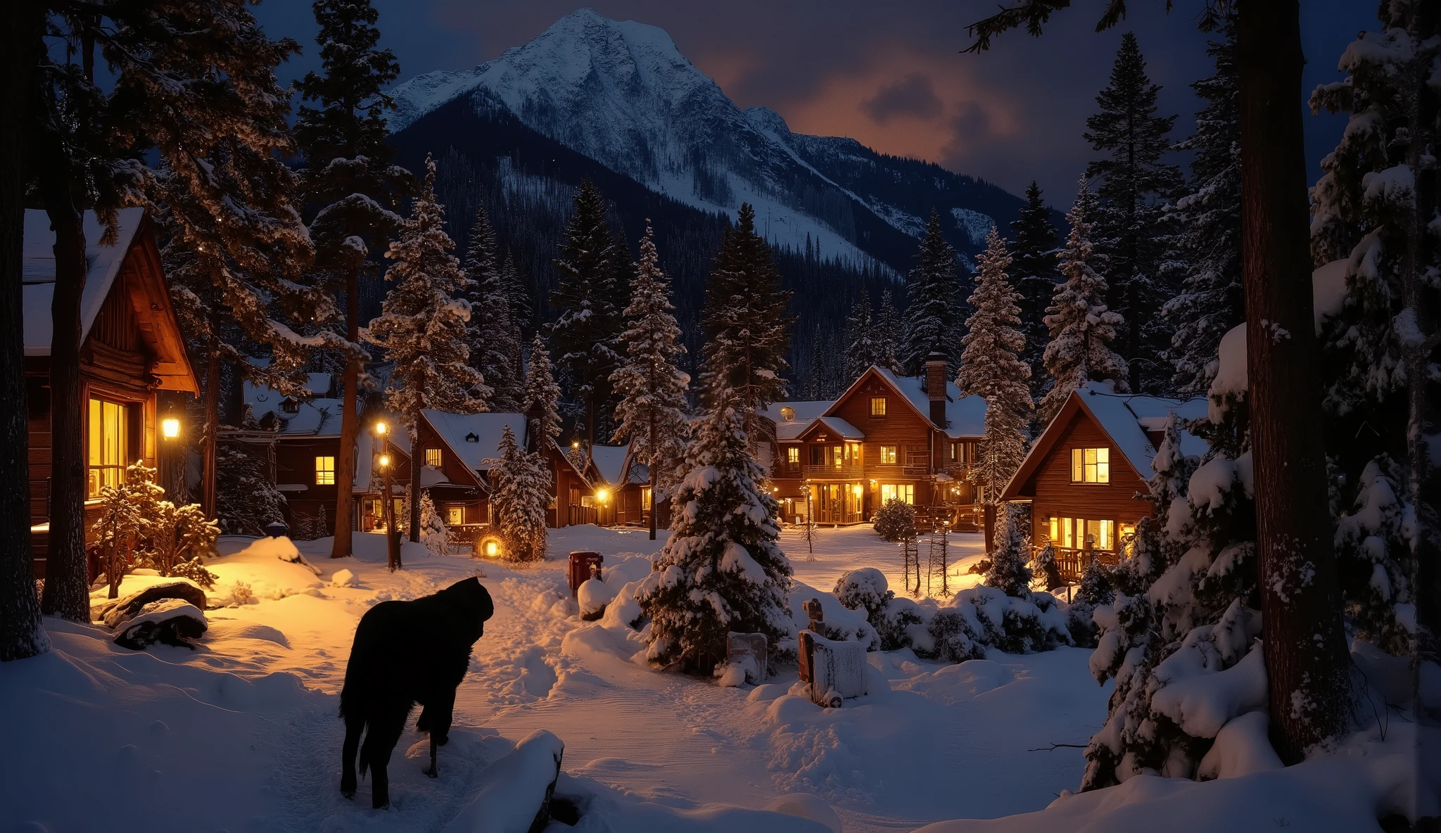 cross scene, with high contrast neutral dark night highlighting warm winter scenes with autumn tones. A quiet snowy pine forest surrounded by snow-covered pine trees and many houses sparkling with night lights emitting warm light. Earthy tones and cozy colors create an impressive effect with deep darkness..
