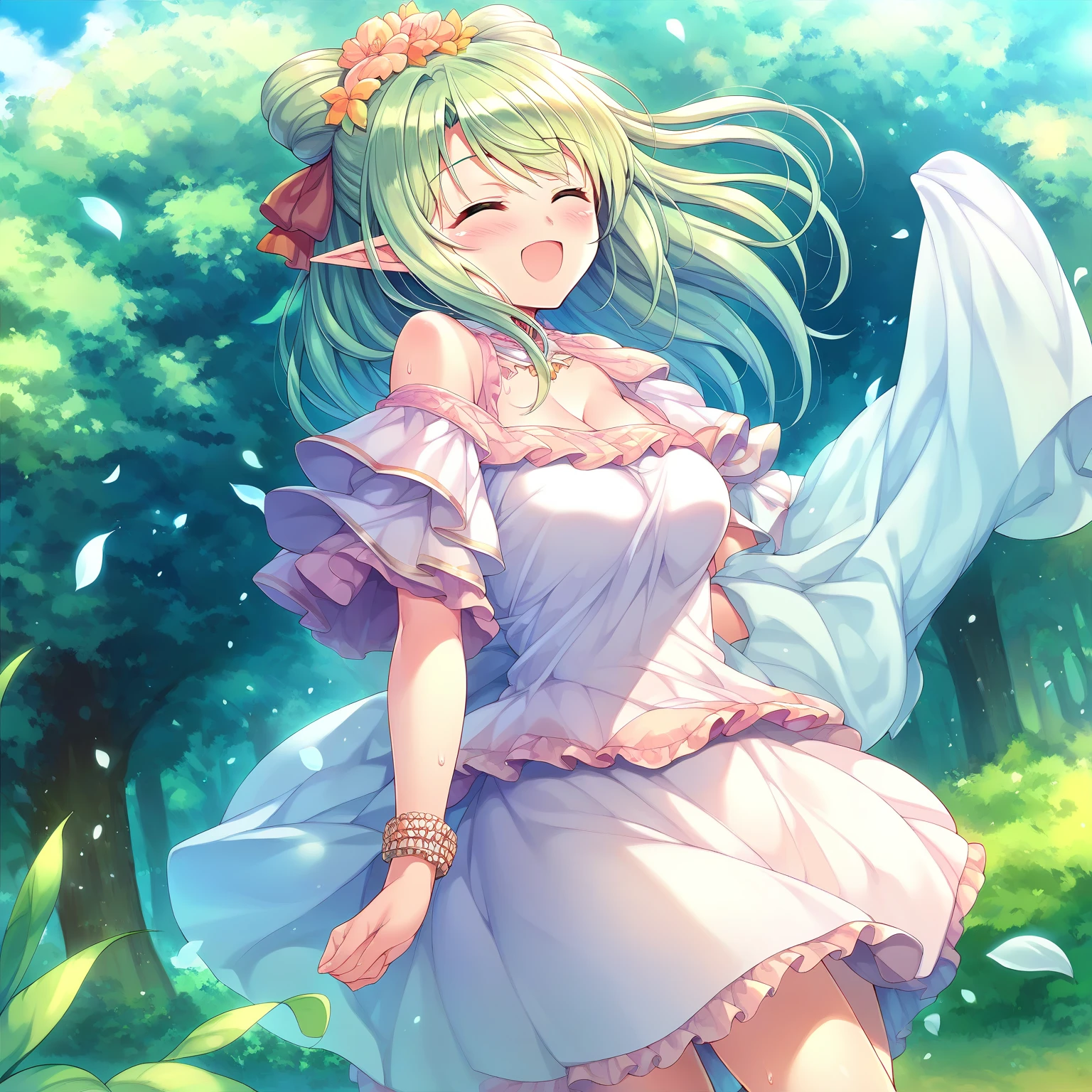 <lora:pony_xl_Cecile:0.8>,Cecile,score_9,score_8_up,score_7_up,source_anime,1girl,solo,looking at viewer,blush,smile,:d,bare shoulders,pink dress,brilliant dress,detached sleeves,thin pink skirt,ruffles,white thighhighs,nature,sky,day,Dreamy forest,fantastic,refreshing wind,the sunlight streaming through the leaves of the trees,sunny weather writing,lens_flare,hair fluttering in the wind,hair_flaps,standing,cowboy_shot,