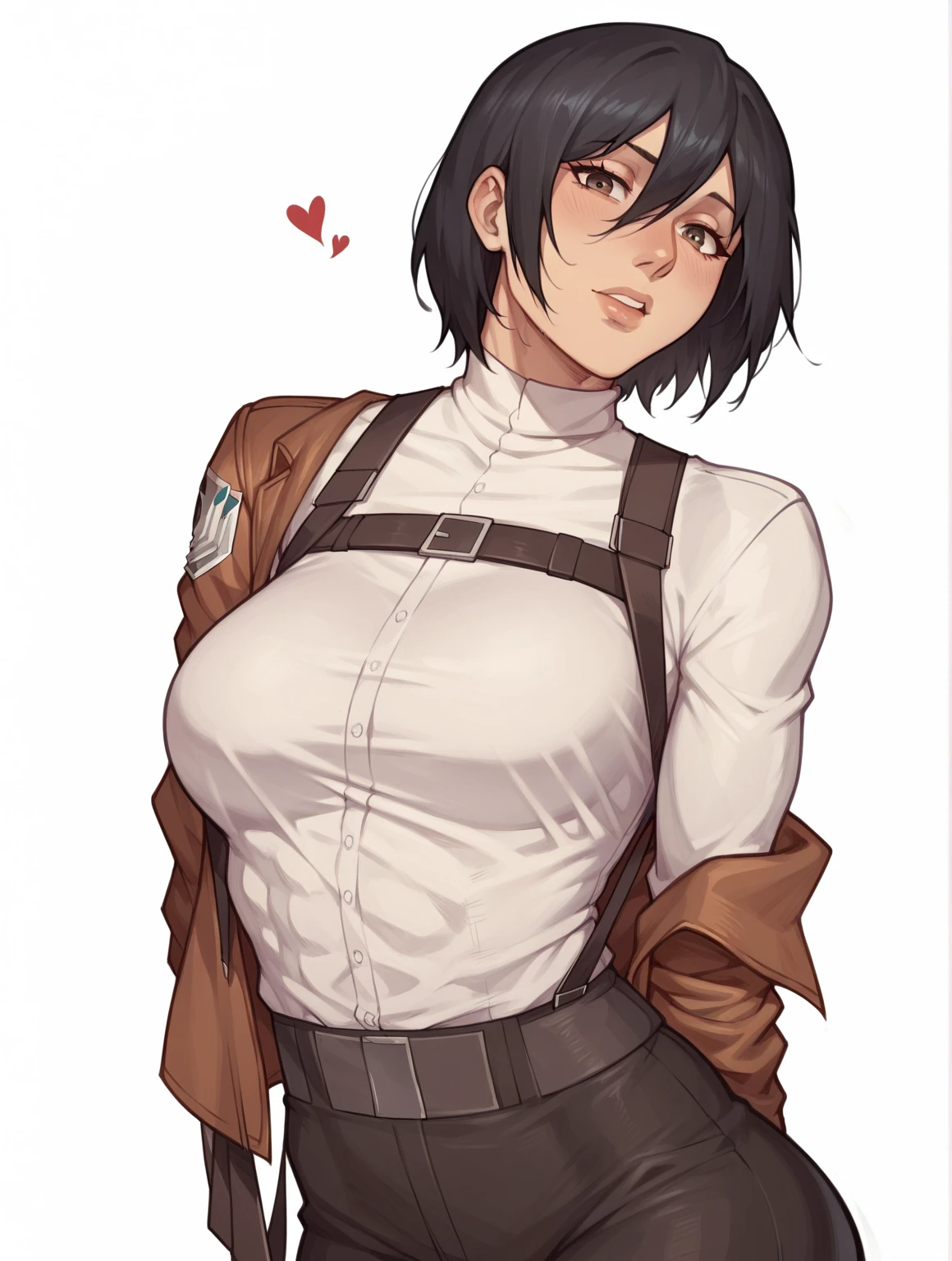 simple white background,
White shirt,Paradis military uniforms,belt, belt buckle,
Red scarf around your neck,
black eyes, black hair, short_hair,hair between the eyes, 
1 girl, 20 years,young female,beautiful Finger,beautiful long legs,beautiful body,beautiful Nose,beautiful character design, Perfect eyes, perfect face,expressive eyes,Perfect balance,
looking at the viewer,(Focus on her face),Closed mouth, (innocent_big_eyes:1.0),light_smile,
official art,Extremely detailed CG unity 8k wallpaper, perfect lighting,showy, bright_Forehead_face_lighting,piel bright, 
(masterpiece:1.0),(better_quality:1.0), ultra high resolution,4k,ultra detailed, big titties , hot , transparent shirt 
Photography, 8k, HdR, high resolution, absurdities:1.2, photo kodak 400, film grain, blurred background, bokeh:1.2, Lens flare, (Vibrant_Color:1.2),Professional Photography, 
(beautiful,big_old:1.4), (beautiful_face:1.5),(narrow_waist), no panties, sin sosten, Image hot, Image +18 , Image de Mikasa desnuda.