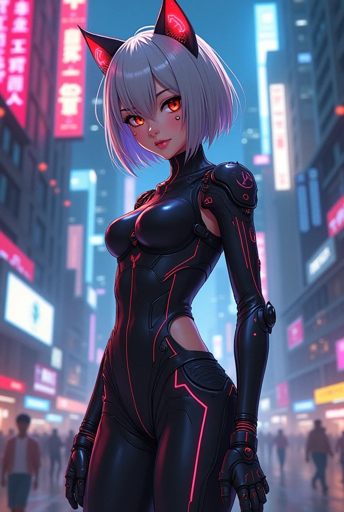 One woman, cyberpunk, short hair, red eyes, white hair, masterpiece, best quality, on a street, huge buildings, futuristic outfit, Jil Valetine, realistic, perfect face