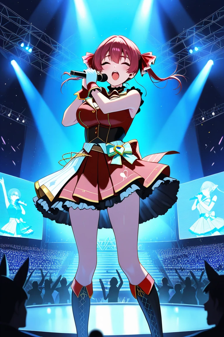 1girl,dress pink,b-komachi dress,cute dress,akane kurokawa, short hair, pink dress,red hair, red eyes, smiling on stage,half body photo, ultra detail, ultra HD, masterpiece, stunning