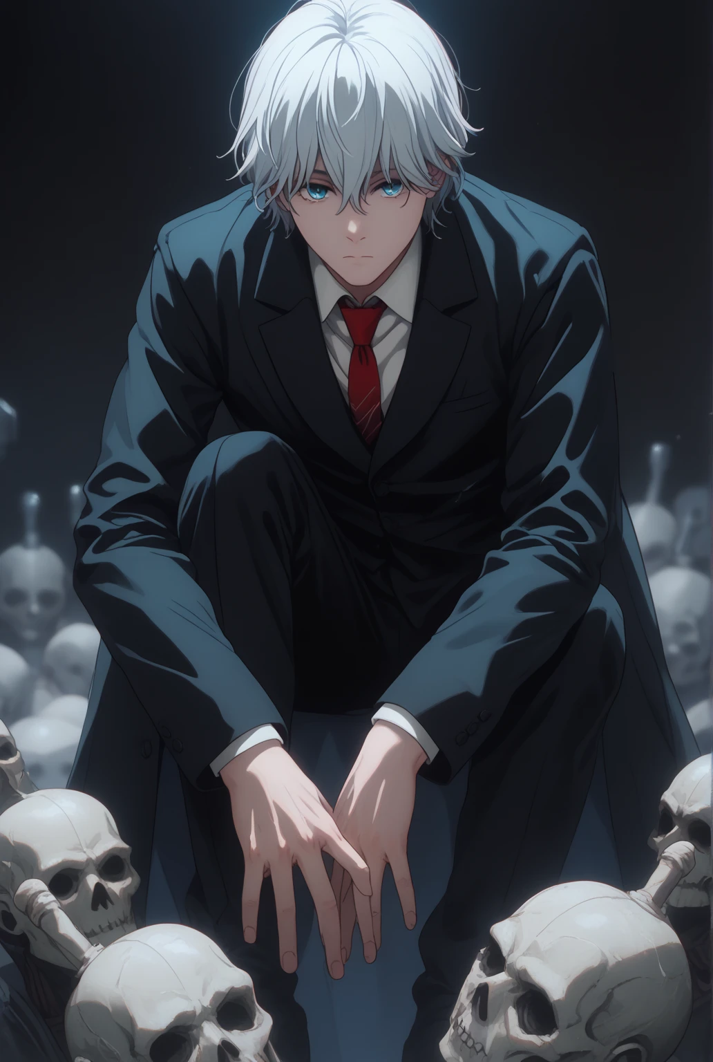 masterpiece, best quality, extremely detailed, detailed background, detailed face, 1boy, male focus, blood, sitting, solo, blood on clothes, chair, trash bag, blue shirt, labcoat, shirt, paper, pants, black footwear, indoors, short hair, looking at viewer, black pants, curtains, white hair, shoes, long sleeves, grey hair, full body, cigarette, blood on hands, office chair, box, knife, id card, closed mouth, grey eyes