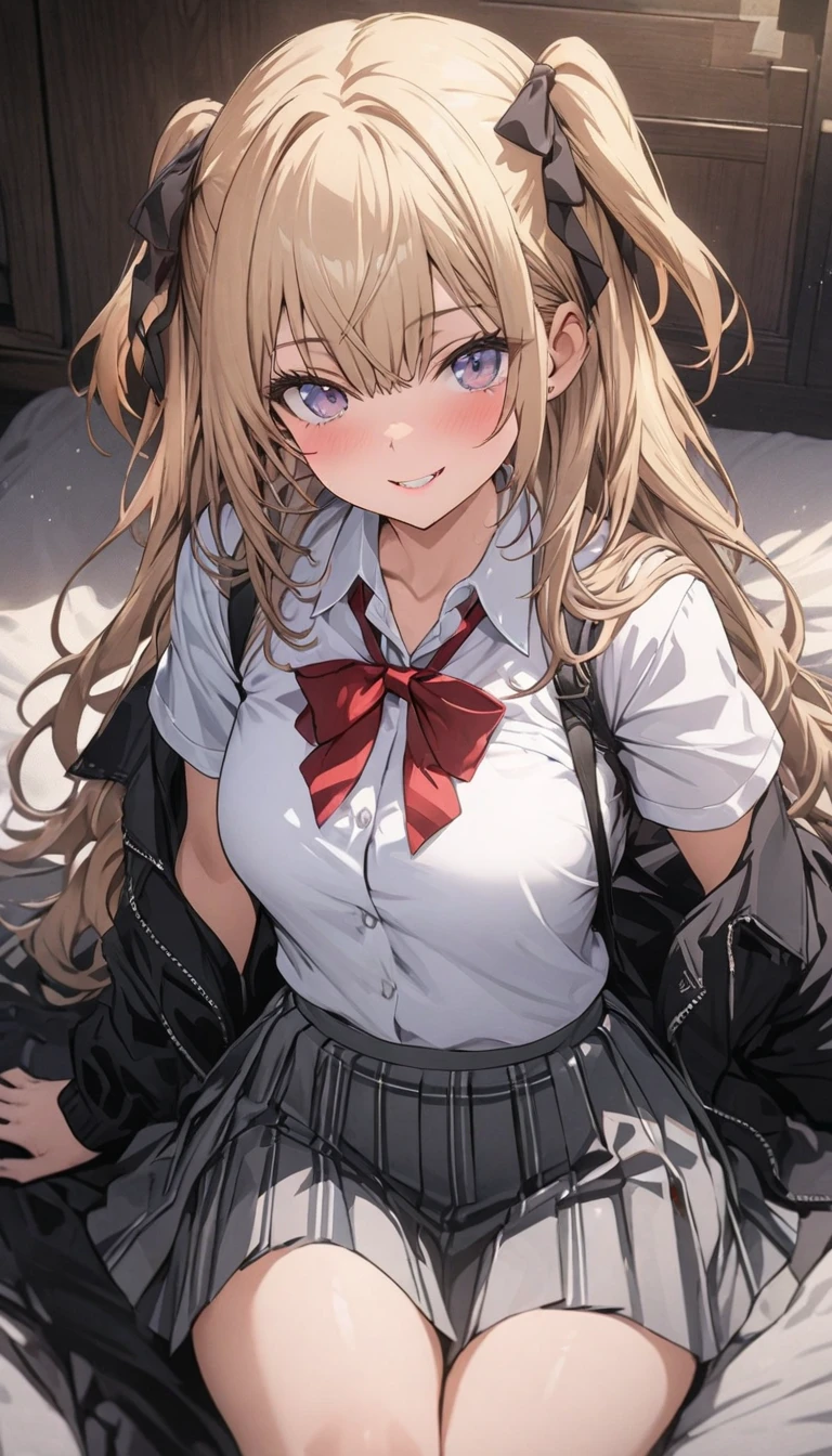 ((masterpiece, Highest quality)), (One girl), (alone), (Focus on women), (whole body), Clear smile, Open your mouth, ((White shirt), ((open button shirt)), (Gap Button)), ((Black Skirt), (Short skirt)), Are standing,(( White Background)), Put your arms behind your back、((Bra is visible)),((Flip up the skirt))、((Her white panties are completely visible))、blush、Leaning forward、Long Hair