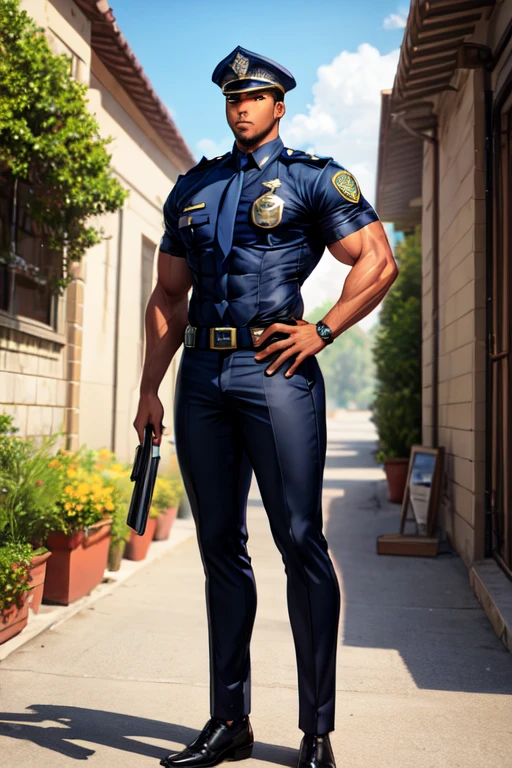 a hot man, full body, police officer, fleshy lips, blue big eyes, strong arms and sholders, wearing a police uniform with big bulge, black leather boots, Cap on head, golden dark skin, in a hot day at the park, art by tom of finland, gaston bussiere, Alphonse Mucha, William-Adolphe Bouguereau.